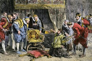 Guy Fawkes I. Jakab angol király előtt a puskaporos összeesküvés után 1605. november 5-én. 19. század (metszet)