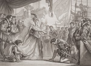 I. Erzsébet királynő (1530-1603) lovaggá ütötte Francis Drake-et (1540-96) az Angol és skót történelem illusztrációiból, I. kötetből