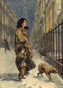Hajléktalan szegény, anya és gyermeke kutyával a hóban (chromolitho) alkotó: John Gilbert