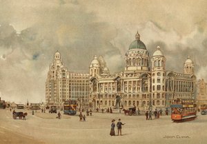 Liverpool: a Mersey Docks and Harbour Board irodái, a Liver Building stb., Megközelítés a leszállópályához (színes litho)