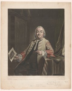 Simon Fokke portréja, kezében Gerrit Hagedooren házának kifosztásának nyomatával, 1751