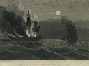 Az amerikai kereskedelmi hajó felgyújtása lázadó kalózok által, 1865 alkotó: John Hamilton