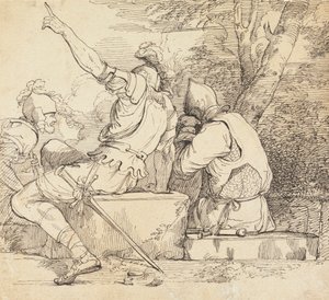 Három katona páncélban ül a kőtömbökön alkotó: John Hamilton Mortimer