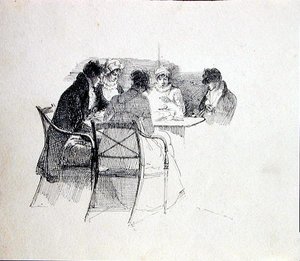 A csoport egy asztal köré gyűlt (toll és tinta a papíron) alkotó: John Harden