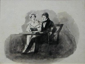 Férfi és nő olvasás (toll és tus mosás, papír) alkotó: John Harden