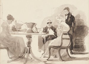 Férfi egy asztalnál három ülő nővel (wc papíron) alkotó: John Harden