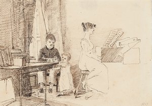 Két gyerek és egy nő a zongoránál, 1807 alkotó: John Harden