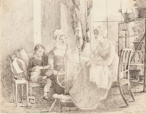Nők a forgó keréknél és egy fiú játékhajóval, 1807