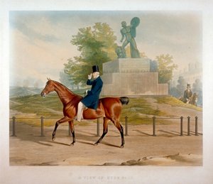 Wellington hercege az Achilles-szobor mellett lovagol a Hyde Parkban, Londonban, 1844.