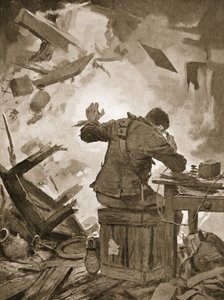 A Bombardier French befejezi üzenetét, miután egy lövedék átjött a szobán, amelyben telefonált (litho) alkotó: John Harris Valda