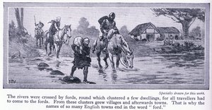 Anglia a középkorban. A folyókon gázlok szelték át, amelyek körül néhány lakóház és falu sorakozott, 1950 körül alkotó: John Harris Valda