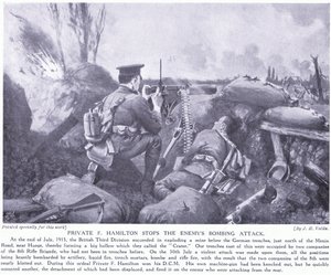 F Hamilton közlegény DCM-et adományozott az ellenség bombázásának leállításával 1915 júliusában Hooge-nál alkotó: John Harris Valda