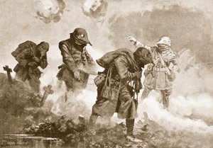 E.M. Allfrey alhadnagy (ideiglenes százados) irányítja a lőszer-, fejadag- és vízellátást az akcióban lévő csapatoknak egy gáztámadás során. alkotó: John Harris Valda