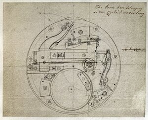 John Harrison (1693-1776) rajza a H4 időmérő mozgásának elrendezéséről, 1759 körül (toll és tinta papíron)