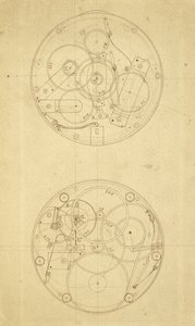 A H.4 mozgása, egy hosszúsági időmérő, amelyet John Harrison tervezett és rajzolt, 1760-72 körül (tinta papíron)