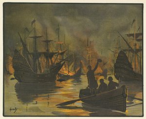 A legyőzhetetlen Armadát tűzhajók támadták meg (színes litó) alkotó: John Hassall