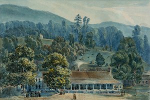 Ebédlő és színpadi irodák a White Sulphur Springsben, 1832. alkotó: John Hazelhurst Boneval Latrobe