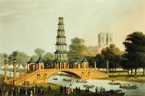 A kínai híd és pagoda, amelyet az 1814-es dicsőséges béke emlékére emeltek a parkban, metszett Matthew Dubourg (fl.1785-20)
