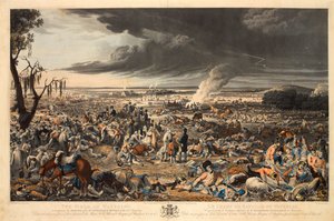 „A Waterloo mező, ahogy az 1815. június 18-i emlékezetes csata után reggel megjelent” (akvatinta, színes)