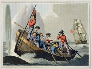 A hajó csónakja megtámad egy bálnát, metszett: Matthew Dubourg (fl.1785-1820), kiadó: Edward Orme, 1813