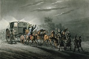 Bonaparte kocsijának, papírjának és kincseinek elfogása, von Keller őrnagy, Waterloo, 1815. június 18., metszet: Matthew Dubourg (fl.1813-20)