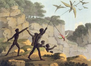 Lándzsadobás, madarakra vadászó bennszülöttek Új-Dél-Walesből Matthew Dubourg (f.1813-1820) metszetével, kocsma. 1813