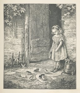 20. tábla. Egy fiatal lány és csibék, a "Nature Pictures"-ből, harminc eredeti illusztrációból álló sorozat, J. H. Dell fára rajzolta, és R. Paterson, John Henry Dell metszet