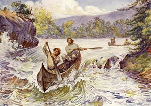 Kanadaiak zuhatagot lövöldöznek kenuval (színes litho)