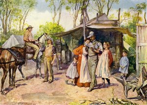 Levelek kézbesítése az ausztrál bokorban (színes litho) alkotó: John Henry Frederick (after) Bacon