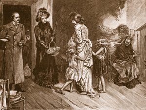 Nyugat találkozik Kelettel: jól járnak látogatók egy nyomornegyedben, illusztráció a „Cassell illusztrált Anglia történetéből” (szépia fotó) alkotó: John Henry Frederick Bacon
