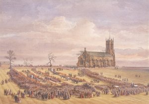 A Hartley Colliery katasztrófa áldozatainak temetése az earsdoni temetőben, 1862. január 26. (akvarell, papír) alkotó: John Henry Leonard