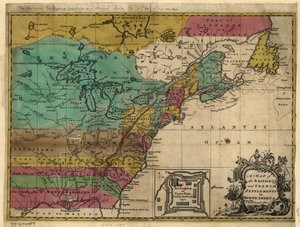 Az észak-amerikai brit és francia települések térképe. LOC 77690484 alkotó: John Hinton