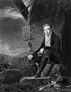 Walter Scott skót költő és regényíró, kövön ülve, egy kutya kíséretében, 1808