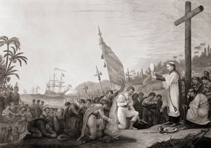 Kolumbusz leszáll az Újvilágban (metszet) alkotó: John James (after) Barralet