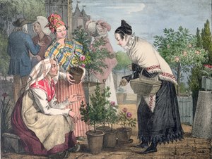A párizsi virágpiac, Charles Joseph Hullmandel (1789-1850) metszete, 1821-ben megjelent