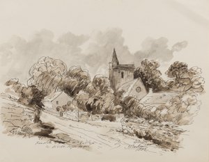 Kewstoke Church and Village, Weston Super Mare, Somerset, 1882 (toll, ecset és tinta papíron) alkotó: John Joseph Barker