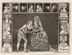 Mary Ann Yates és Laurence Clinch Braganza hercegét és hercegnőjét játsszák Braganzában, a közönség tagjaival körülvéve. 1785 alkotó: John Kay