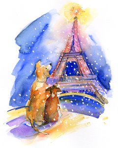 Kutyák Eiffel-toronnyal, 2016, (akvarell) alkotó: John Keeling