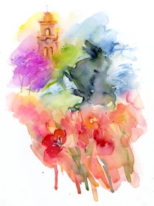 Pláza piros tulipánokkal, 2016, (akvarell) alkotó: John Keeling