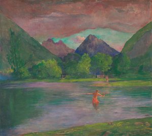A Tautira folyó bejárata, Tahiti. Halász halat lándzsázva