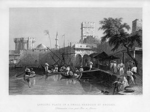 Kikötőhely egy kis kikötőben Rodoszban, Görögországban, 1841.