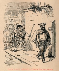 Hannibál fárasztó sétát vezet a nagyköveteknek Karthágó körül, 1852 alkotó: John Leech