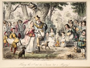 VIII. Henrik és királynője Out-a-Maying, a The Comic History of England, pub. 1864 (kézzel színezett rézkarc)