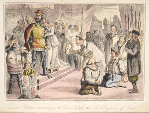 Fülöp királynő közbenjár III. Edwardnál, a hat calais-i városért, a The Comic History of England, pub. 1864 (kézzel színezett rézkarc)