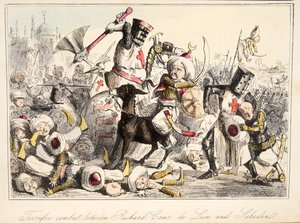 Remek harc Richard Coeur de Lion és Saladin között a The Comic History of England-ből, pub. 1864 (kézzel színezett rézkarc)