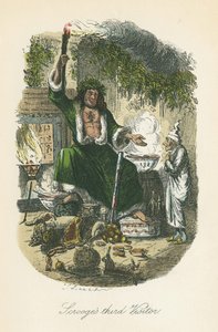 A karácsonyi ajándék szelleme megjelenik Scrooge-nak. Illusztráció: John Leech (1817-64) Charles Dickens számára A Christmas Carol, London 1843-1834.