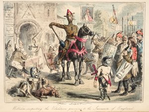 Hódító Vilmos megvizsgálja az önkénteseket az angliai invázió előtt, The Comic History of England, pub. 1864 (kézzel színezett rézkarc)