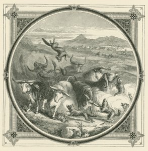 Amikor jön a farkas, az ökrök harcolni kezdenek, hogy egyesüljenek az önvédelemben (metszet) alkotó: John Leighton