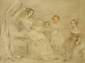 W.S. asszony portréja Fry és négy gyermeke: Emma, Willy, Julie és Georgina, Egy belső térben ülve, 1840 alkotó: John Linnell