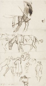 Tanulmányok lovakról, férfiakról és kocsikról, 1811 (toll és barna tinta papíron) alkotó: John Linnell
